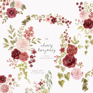 Può includere: Una collezione di composizioni floreali ad acquerello con fiori bordeaux e rosa pallido, fogliame verde e viticci. Il testo recita 24 whimsy burgundy FLORAL ARRANGEMENTS playful doodles in watercolor style, disposti in un motivo circolare.
