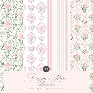 Preppy Rose Seamless Patterns w stylu Grandmillenial - Wzory akwarelowych róż w stylu vintage - Różane bezszwowe płytki