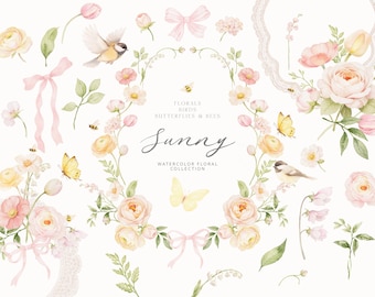 Colección floral en acuarela ruborizada y melocotón con mariposas y abejas