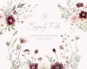 May include: Watercolor floral collection titled "Burgundy Fields" featuring arrangements, borders, and wreaths. The design includes burgundy, pink, and white flowers with green foliage. The text "watercolor wild florals collection" is also present.