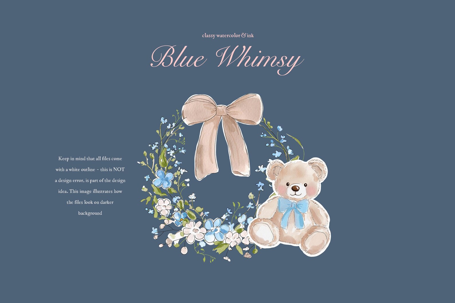 Whimsical Blue Watercolor & Ink Teddy Bear Clipart - Carousel Clipart ...