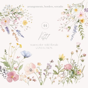 Collection colorée de fleurs sauvages - fleurs sauvages pastel - aquarelles - clipart mariage - bordures de fleurs sauvages - licence de vente illimitée