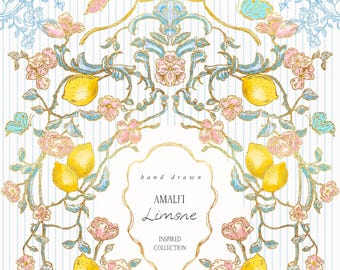 May include: A decorative illustration featuring a symmetrical design with lemons, pink flowers, and butterflies. The design includes the text "hand drawn AMALFI Limone INSPIRED COLLECTION" in a gold frame, set against a striped background.