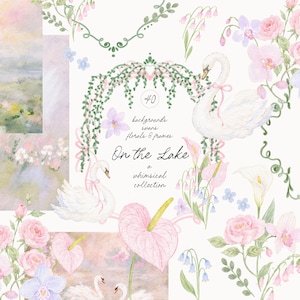 Puede incluir: Una colección de arte digital con ilustraciones en acuarela de cisnes blancos, rosas, orquídeas y calas. El texto dice 40 backgrounds swans florals 6 frames On the Lake a whimsical collection, dispuesto con enredaderas verdes.