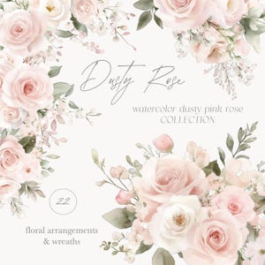 Clipart de rosa rosa polvorienta - Rosa polvorienta - Flores ruborizadas - Arreglos - Coronas - Clipart de boda - Rosas neutrales - Licencia de venta ilimitada