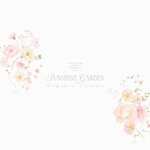 May include: Watercolor floral arrangement with pink, peach, and white flowers, and green leaves. The text "Sunshine Garden" is displayed in elegant script, with additional text above and below.