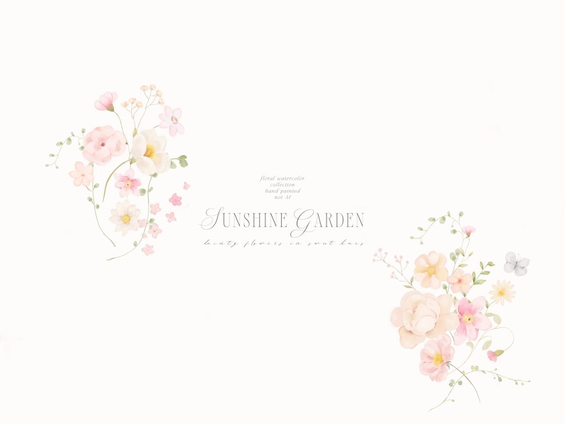 May include: Watercolor floral arrangement with pink, peach, and white flowers, and green leaves. The text "Sunshine Garden" is displayed in elegant script, with additional text above and below.