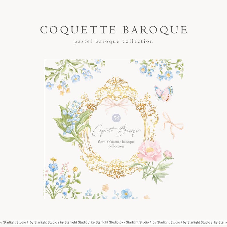 Op de afbeelding: Digitale illustratie met een gouden, sierlijke lijst met bloemen en natuurlijke elementen. Het ontwerp bevat pastelkleurige bloemen, een vlinder en linten. Tekst: "COQUETTE BAROQUE" en "pastel baroque collection".