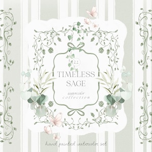 Può includere: Design ad acquerello con il testo "Timeless Sage" e dettagli floreali e farfalle. Il design include foglie verde salvia, delicate farfalle rosa e una cornice decorativa su sfondo a righe. Sono incluse anche le parole "watercolor collection" e "hand painted watercolor set".