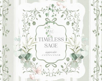 Puede incluir: Diseño de acuarela con el texto "Timeless Sage" y detalles florales y de mariposas. El diseño incluye hojas verde salvia, delicadas mariposas rosas y un marco decorativo sobre un fondo a rayas. También se incluyen las palabras "watercolor collection" y "hand painted watercolor set".