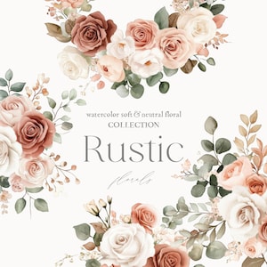 Aquarell Neutral Blumen Clipart - Rustikale Blumen - Hochzeitsblumen - Hochzeit Clipart - Rosensträuße - Neutral - unbegrenzte Verkaufslizenz
