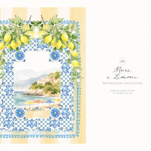 Peut inclure: Illustration &agrave; l'aquarelle d'une sc&egrave;ne c&ocirc;ti&egrave;re avec un cadre en carreaux bleus et blancs, des branches de citron et le texte "Mare e Limoni Watercolor Collection". Fond jaune &agrave; rayures verticales.
