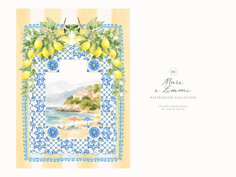 Peut inclure: Illustration &agrave; l'aquarelle d'une sc&egrave;ne c&ocirc;ti&egrave;re avec un cadre en carreaux bleus et blancs, des branches de citron et le texte "Mare e Limoni Watercolor Collection". Fond jaune &agrave; rayures verticales.