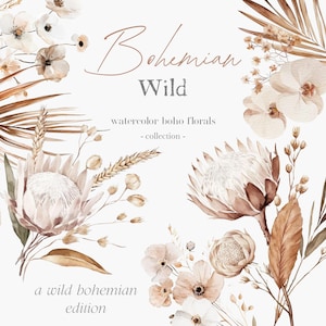 Conjunto de flores bohemias en acuarela - Conjunto de imágenes prediseñadas florales - Colección boho - Imágenes prediseñadas de boda - Flores silvestres - Neutrales - Licencia de venta ilimitada