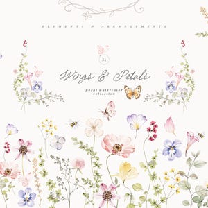 Puede incluir: Una colección de ilustraciones en acuarela que presenta varias flores silvestres, follaje verde, mariposas y abejas. El texto dice Wings & Petals floral watercolor collection. Los elementos están dispuestos en un diseño disperso sobre un fondo blanco.