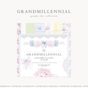 Op de afbeelding: Digitale print met de tekst "GRANDMILLENNIAL granny chic collection". Het ontwerp bevat bloemen- en kantelementen in pastelkleuren, met naadloze patronen en randen, handgeschilderd voor een vintage uitstraling.