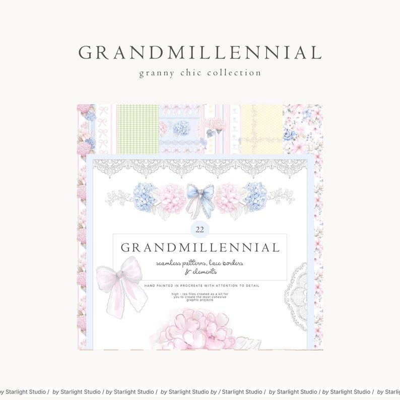 Op de afbeelding: Digitale print met de tekst "GRANDMILLENNIAL granny chic collection". Het ontwerp bevat bloemen- en kantelementen in pastelkleuren, met naadloze patronen en randen, handgeschilderd voor een vintage uitstraling.