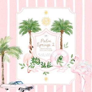 Aquarelle Palm Springs esthétique Clipart ensemble - écusson - tropical - mariage en Californie - événements - Invitations Clipart - esthétique