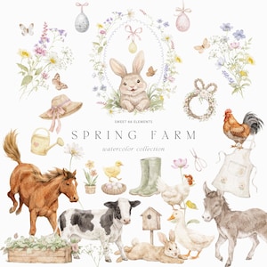 Puede incluir: Ilustración en acuarela de una escena de granja primaveral con varios elementos. Incluye un conejo, un caballo, una vaca, un gallo, un pato y otros animales de granja. Presenta arreglos florales, huevos de Pascua y el texto "SPRING FARM watercolor collection".