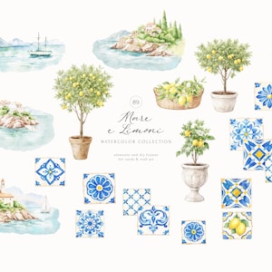 Peut inclure: Collection d'aquarelles avec des sc&egrave;nes c&ocirc;ti&egrave;res, des citronniers et des carreaux d&eacute;coratifs. L'&oelig;uvre comprend des illustrations d'&icirc;les, de bateaux et de citrons dans un panier. Le texte "Mare e Limoni" est &eacute;galement pr&eacute;sent.