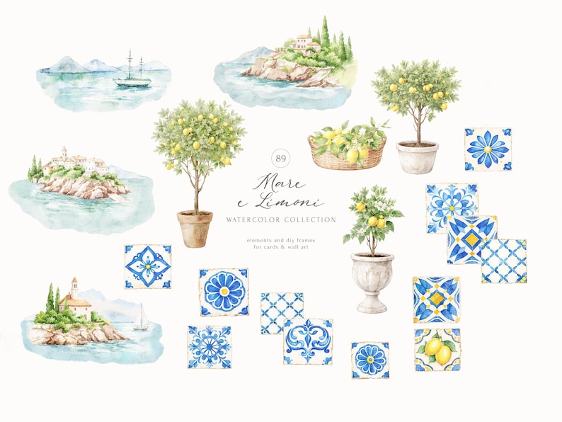 Peut inclure: Collection d'aquarelles avec des sc&egrave;nes c&ocirc;ti&egrave;res, des citronniers et des carreaux d&eacute;coratifs. L'&oelig;uvre comprend des illustrations d'&icirc;les, de bateaux et de citrons dans un panier. Le texte "Mare e Limoni" est &eacute;galement pr&eacute;sent.