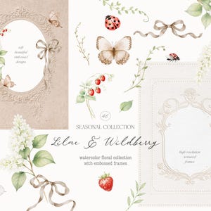 Może przedstawiać: Kolekcja kwiatowa w akwareli z wytłaczanymi ramkami, przedstawiająca wzory bzu i dzikich jagód. Zawiera motyle, biedronki, kokardy i elementy botaniczne. Tekst brzmi "Lilac & Wildberry" i "Seasonal Collection".
