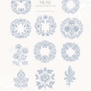 Op de afbeelding: Een set van negen vintage bloem-lijnkunst illustraties in blauw. De illustraties omvatten kransen, boeketten en individuele bloemenelementen. De illustraties zijn perfect om een ​​toets van elegantie toe te voegen aan elk project.