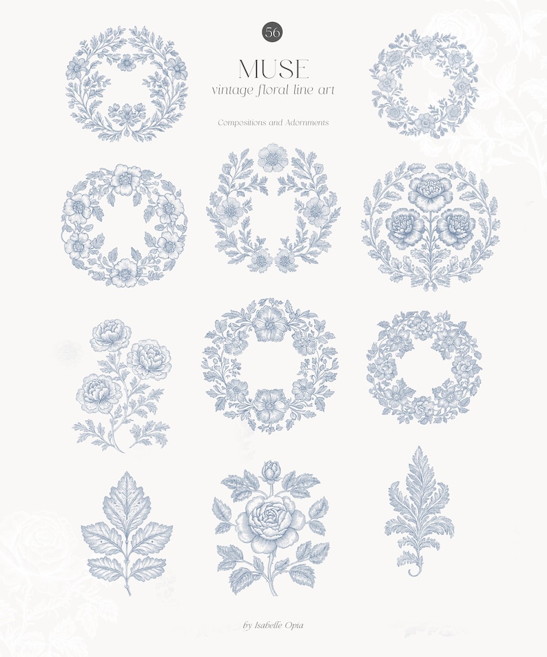 Op de afbeelding: Een set van negen vintage bloem-lijnkunst illustraties in blauw. De illustraties omvatten kransen, boeketten en individuele bloemenelementen. De illustraties zijn perfect om een ​​toets van elegantie toe te voegen aan elk project.