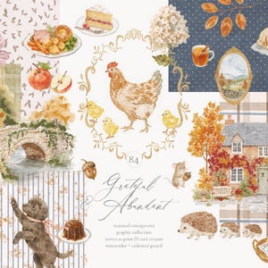 Puede incluir: Una colección digital de ilustraciones en acuarela y lápiz de color que presenta una gallina con pollitos, una casa de campo, un cordero, un cachorro, erizos, un ratón, follaje otoñal, alimentos y el texto Grateful & Abundant, seasonal cottagecore.