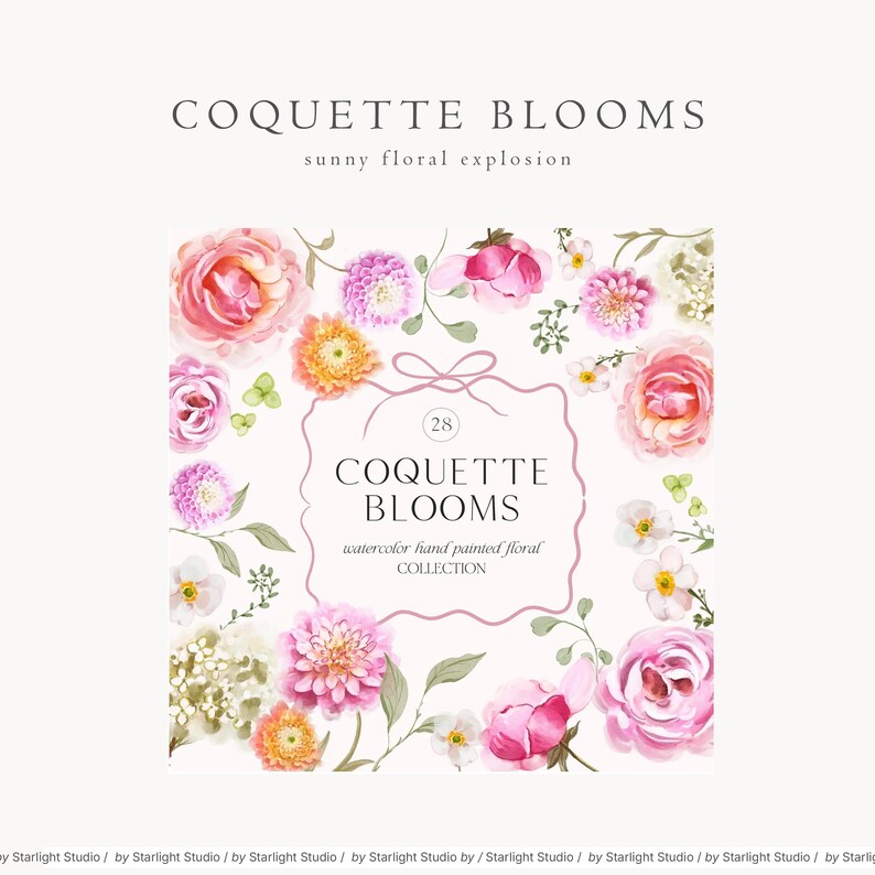 May include: A watercolor illustration of a collection of 28 hand-painted floral designs. The illustration features a variety of pink, white, and yellow flowers, including roses, peonies, and daisies. The text "Coquette Blooms" is featured in the center of the image.