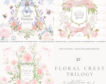 Watercolor Crest Bundle - 3 in 1 - Value Bundle - Floral Crests - Wedding Crests - Wild Flowers - Bees - Roses - Blush Flowers