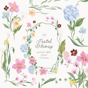 May include: A collection of gouache-style floral illustrations featuring pink, blue, yellow, and white flowers with green stems and leaves. The centre contains an oval wreath surrounding the text 34 Pastel Whimsy gouache style floral collection.