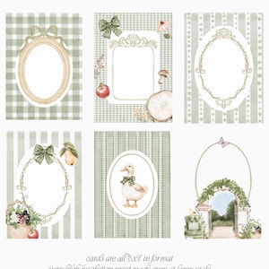 May include: Six printable cards with a cottagecore theme. Each card features a different design with a green and white checkered or striped background. The cards are decorated with floral elements, a duck, a butterfly, and a garden archway. The text "Cottage Heart" and "premade cards - just add text!" is at the top of the image. The text "cards are all 5x7 in format very high resolution print ready even at large scale" is at the bottom of the image.