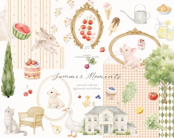 Ensemble de cliparts aquarelle pour chalet d'été - Collection Cottagecore