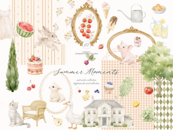 Watercolor Summer Cottage Clipart Set - Cottagecore Collection