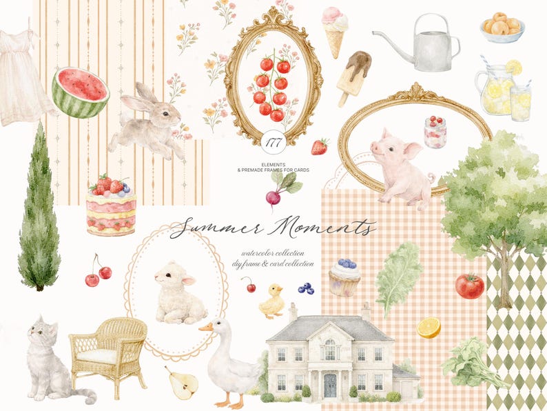 Conjunto de imágenes prediseñadas de casas de verano en acuarela - Colección Cottagecore imagen 1