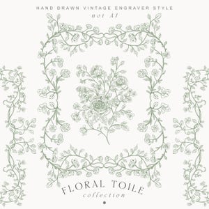 Op de afbeelding: Een vintage bloemenontwerp in lichtgroen, met gedetailleerde botanische illustraties. Het ontwerp omvat een centrale bloemstuk, een vierkante rand en verticale bloemelementen. Tekst luidt "HAND DRAWN VINTAGE ENGRAVER STYLE not AI" en "FLORAL TOILE collection".