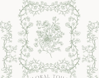 Hand Drawn Sage Green Floral Toile Vintage Engraver Clipart Collection - NOT AI