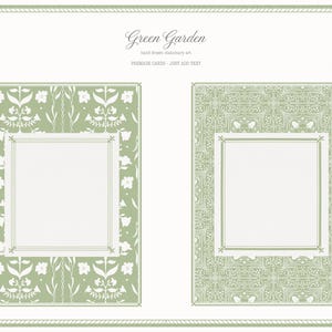 May include: Two green and white floral design cards with a white center for text. The cards are labeled "Green Garden" with the text "handmade stationary art" and "PREMADE CARDS - JUST ADD TEXT". The cards have a decorative border.