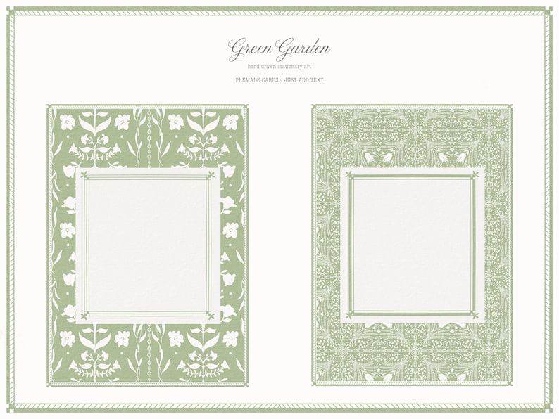 May include: Two green and white floral design cards with a white center for text. The cards are labeled "Green Garden" with the text "handmade stationary art" and "PREMADE CARDS - JUST ADD TEXT". The cards have a decorative border.