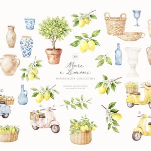 Collection de cliparts été aquarelle citron italien et bord de mer image 2