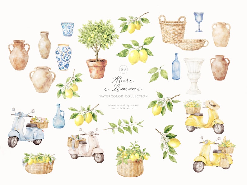 Collection de cliparts été aquarelle citron italien et bord de mer image 2