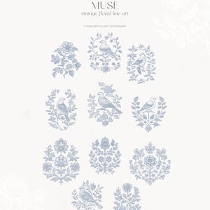 Op de afbeelding: Een set van tien vintage bloem-lijnkunst illustraties met vogels en bloemen. De illustraties zijn in een blauw-wit kleurenschema en zijn perfect om een ​​toets van elegantie aan elk project toe te voegen.