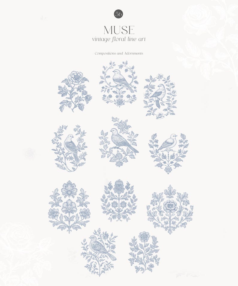 Op de afbeelding: Een set van tien vintage bloem-lijnkunst illustraties met vogels en bloemen. De illustraties zijn in een blauw-wit kleurenschema en zijn perfect om een ​​toets van elegantie aan elk project toe te voegen.