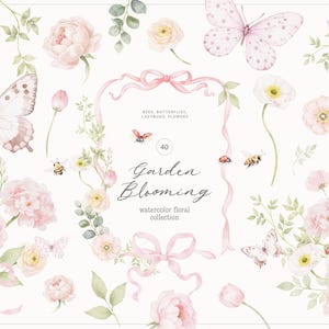 Può includere: Illustrazione ad acquerello con fiori, farfalle, api e coccinelle. Il design include peonie rosa, fiori bianchi e foglie verdi. Il testo "Garden Blooming" è visualizzato all'interno di una cornice a nastro rosa.