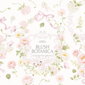 Pode incluir: Coleção floral em aquarela intitulada "Blush Botanica". A imagem apresenta uma variedade de flores rosa e brancas, borboletas e fitas. O design inclui rosas, hortênsias e outras flores delicadas, com o texto "Blush Botanica" no centro.