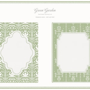 May include: Two pre-made cards with a floral design. The card on the left has a scalloped frame, and the card on the right has a rectangular frame. Both cards have a light green background with white floral patterns. The text "Green Garden" is at the top.