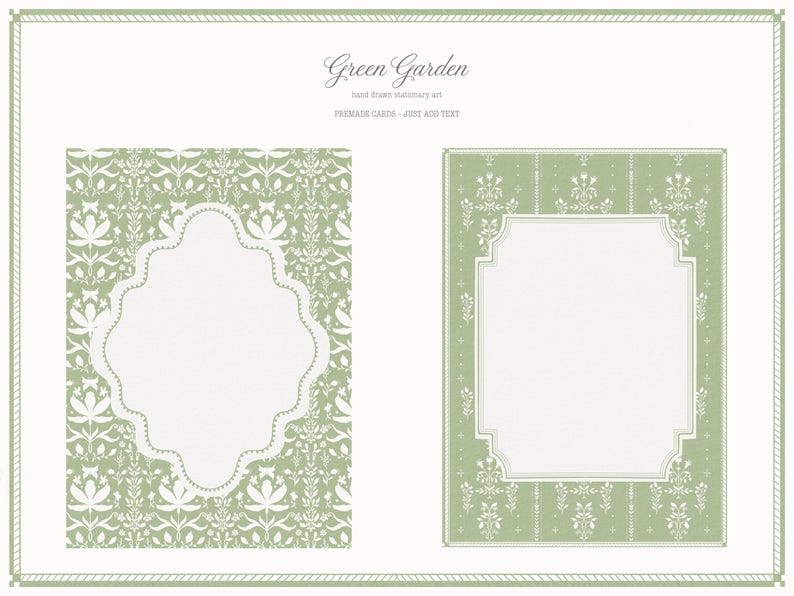 May include: Two pre-made cards with a floral design. The card on the left has a scalloped frame, and the card on the right has a rectangular frame. Both cards have a light green background with white floral patterns. The text "Green Garden" is at the top.