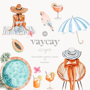 Conjunto de imágenes prediseñadas de acuarela de vacaciones de verano - Imágenes prediseñadas tropicales - Imágenes prediseñadas de piscina y vacaciones - Naturaleza tropical - Imágenes prediseñadas de cócteles - Frutas de acuarela