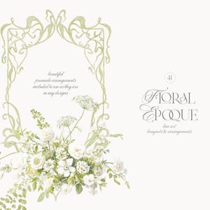 Pu&ograve; includere: Una cornice decorativa verde chiaro con volute complesse, abbinata a una composizione floreale bianca alla base. Il testo recita Floral Epoque, line art bouquets & arrangements, e beautiful premade arrangements included to use as they are in any designs.